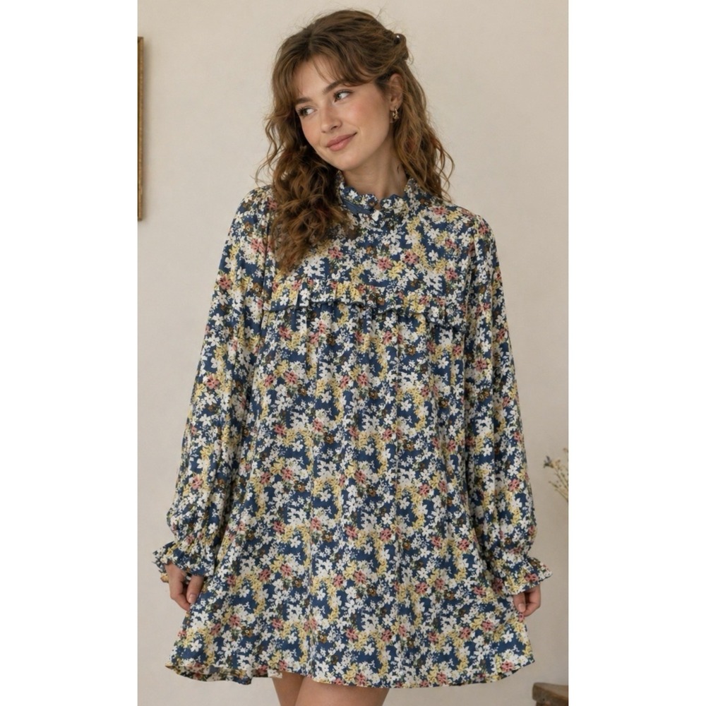 Kirundo Floral Tiered Oversized Mini Dress Size‎ S Ruffle Cottagecore Feminine
